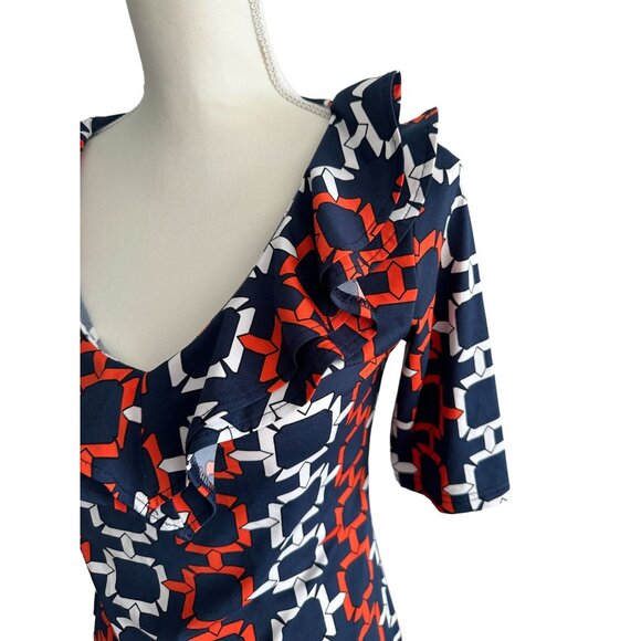 TRACY NEGOSHIAN Orange Navy Blue Ruffle V Neck Dress Size XS - Picture 5 of 8